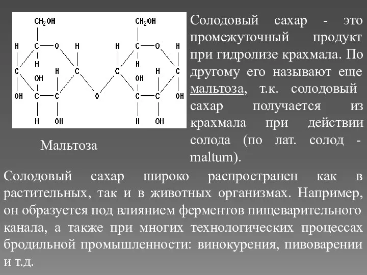 Мальтоза Солодовый сахар - это промежуточный продукт при гидролизе крахмала.