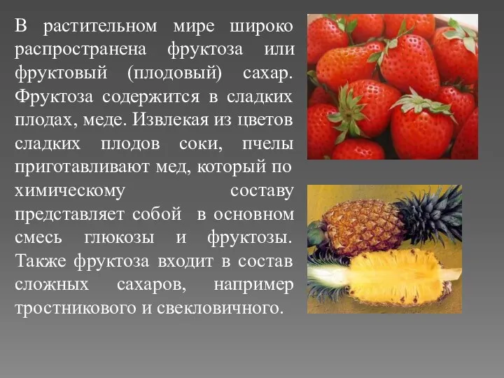 В растительном мире широко распространена фруктоза или фруктовый (плодовый) сахар.