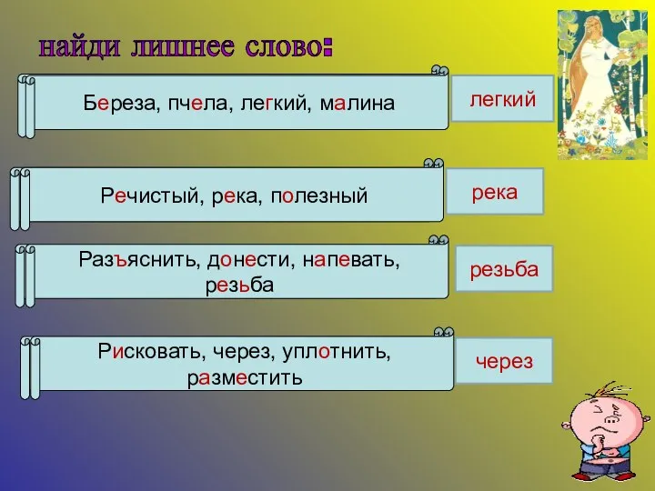 найди лишнее слово: Б..реза, пч..ла, ле..кий, м..лина Р..чистый, р..ка, п..лезный Раз..яснить, д..н..сти, н..п..вать,