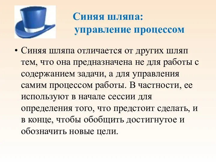 Синяя шляпа: управление процессом Синяя шляпа отличается от других шляп