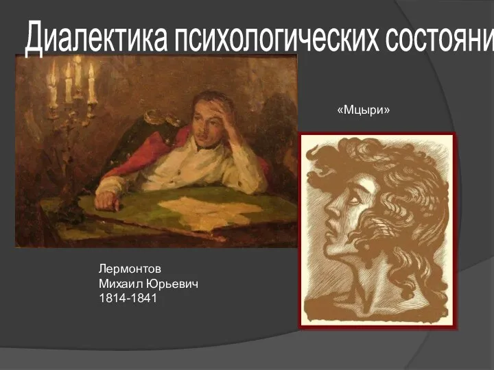 Диалектика психологических состояний Лермонтов Михаил Юрьевич 1814-1841 «Мцыри»