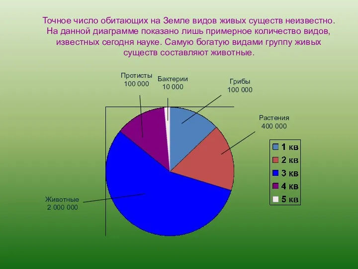 Животные 2 000 000 Растения 400 000 Грибы 100 000