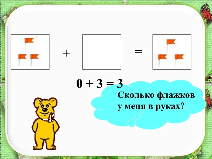 ? + = 0 + 3 = 3 Сколько флажков у меня в руках?