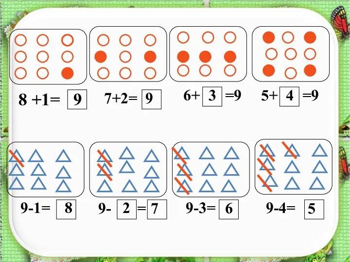 8 +1= 9 7+2= 9 6+ =9 5+ =9 9-1=