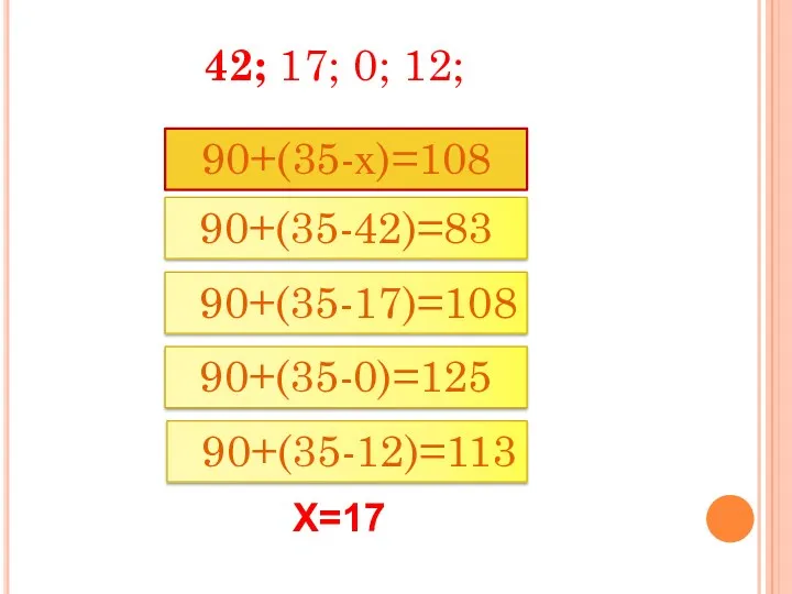 90+(35-х)=108 90+(35-17)=108 90+(35-42)=83 90+(35-0)=125 90+(35-12)=113 Х=17 42; 17; 0; 12;