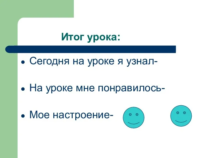 Итог урока: Сегодня на уроке я узнал- На уроке мне понравилось- Мое настроение-