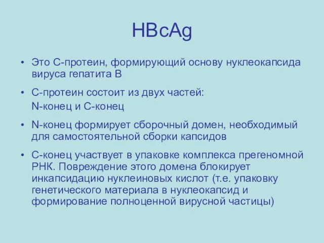 HBcAg Это С-протеин, формирующий основу нуклеокапсида вируса гепатита B C-протеин состоит из двух