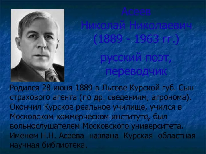 Асеев Николай Николаевич (1889 - 1963 гг.) русский поэт, переводчик