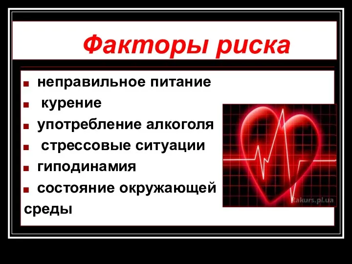 Факторы риска неправильное питание курение употребление алкоголя стрессовые ситуации гиподинамия состояние окружающей среды