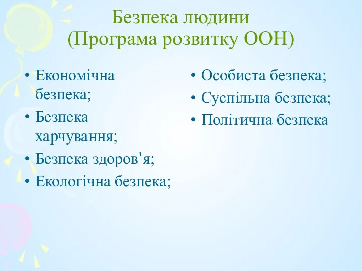 Безпека людини (Програма розвитку ООН) Економічна безпека; Безпека харчування; Безпека