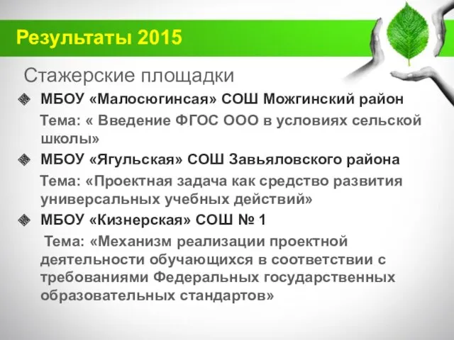 Результаты 2015 Стажерские площадки МБОУ «Малосюгинсая» СОШ Можгинский район Тема: