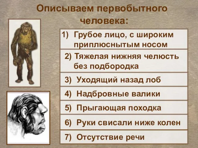 Грубое лицо, с широким приплюснытым носом Описываем первобытного человека: 2)