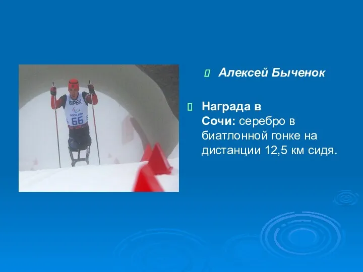 Алексей Быченок Награда в Сочи: серебро в биатлонной гонке на дистанции 12,5 км сидя.