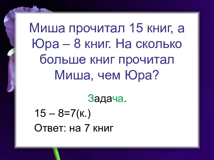 Миша прочитал 15 книг, а Юра – 8 книг. На