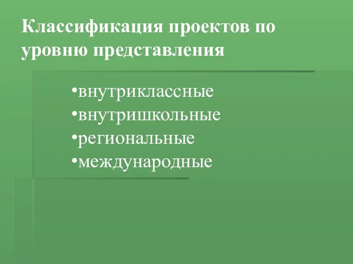 Классификация проектов по уровню представления внутриклассные внутришкольные региональные международные