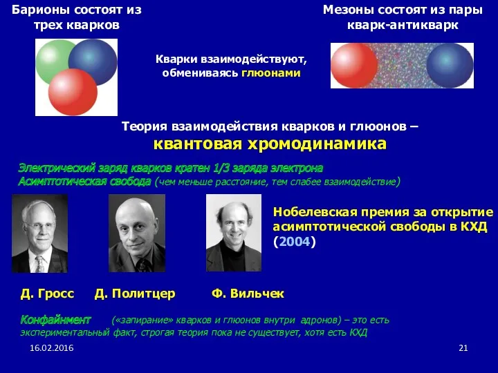 Барионы состоят из трех кварков Мезоны состоят из пары кварк-антикварк