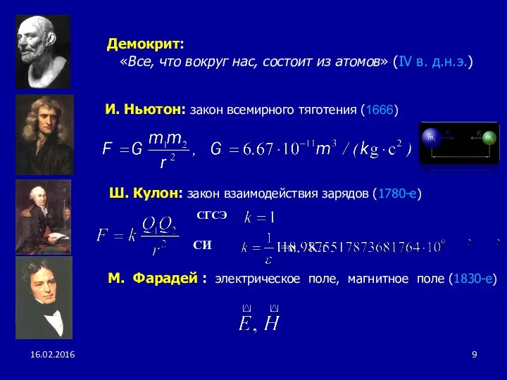 Ш. Кулон: закон взаимодействия зарядов (1780-е) М. Фарадей : электрическое