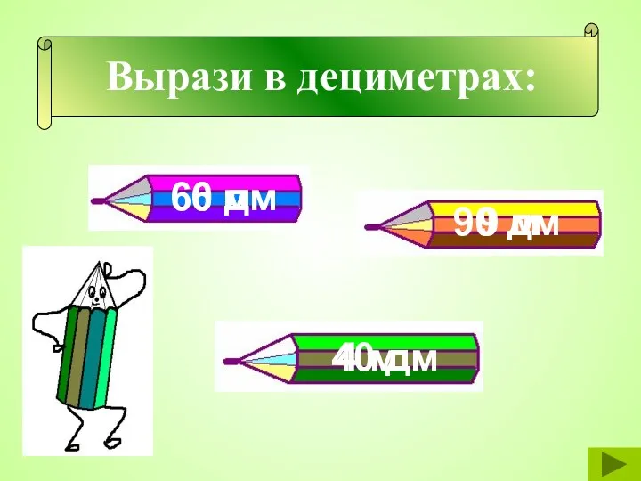 Вырази в дециметрах: 6 м 9 м 4 м 60 дм 40 дм 90 дм