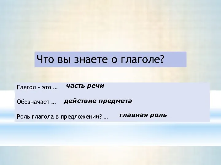 Что вы знаете о глаголе? Глагол – это … Обозначает