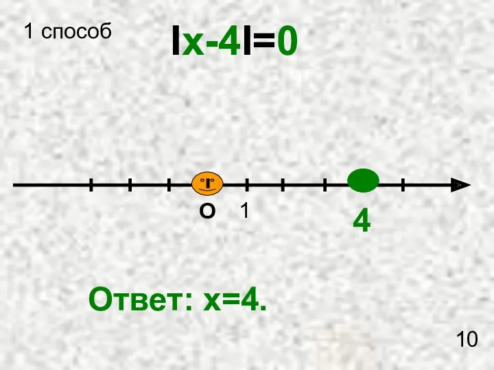 1 Ix-4I=0 O 4 Ответ: x=4. 1 способ 10