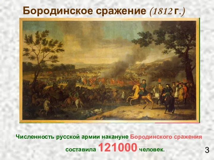 Бородинское сражение (1812 г.) Численность русской армии накануне Бородинского сражения составила 121000 человек. 3