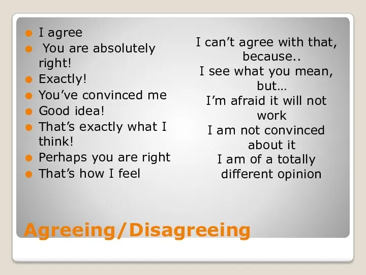 Agreeing/Disagreeing I agree You are absolutely right! Exactly! You’ve convinced