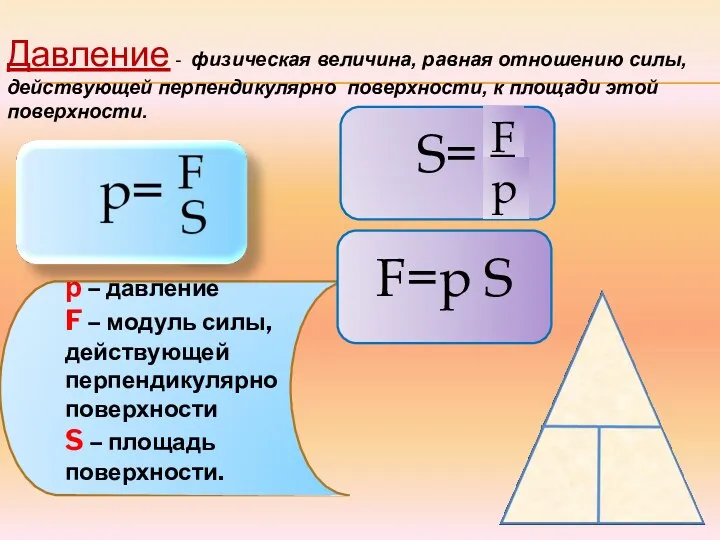 р – давление F – модуль силы, действующей перпендикулярно поверхности