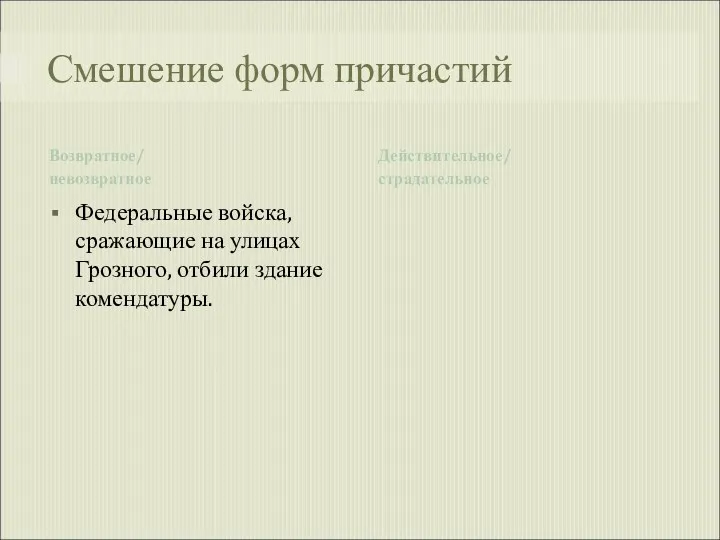 Смешение форм причастий Возвратное/ невозвратное Действительное/ страдательное Федеральные войска, сражающие на улицах Грозного, отбили здание комендатуры.