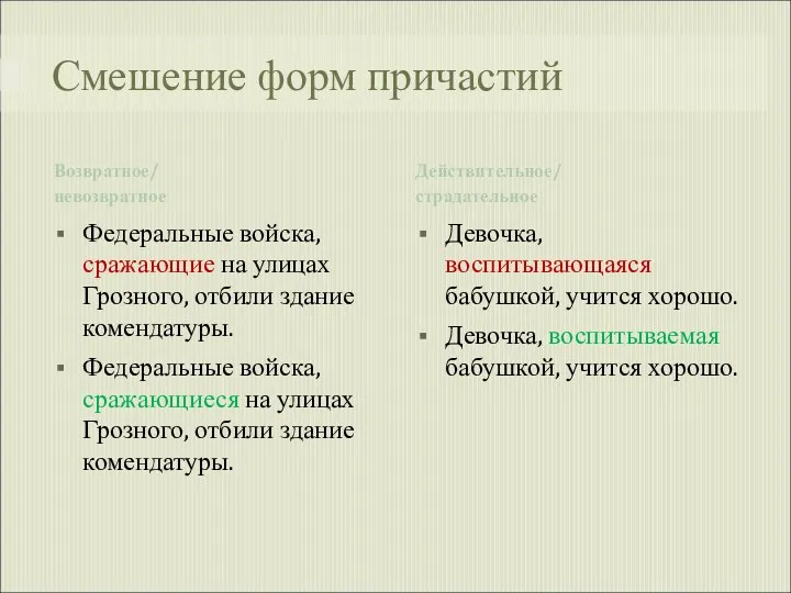 Смешение форм причастий Возвратное/ невозвратное Действительное/ страдательное Федеральные войска, сражающие