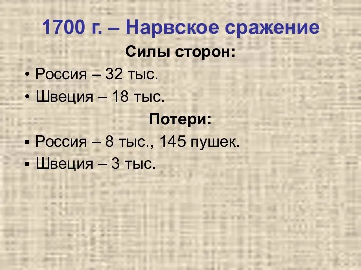 1700 г. – Нарвское сражение Силы сторон: Россия – 32