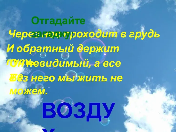 Через нос проходит в грудь ВОЗДУХ Отгадайте загадку: И обратный держит путь. Он