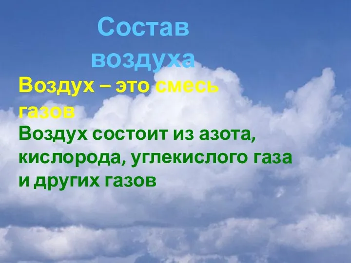 Воздух – это смесь газов Воздух состоит из азота, кислорода,