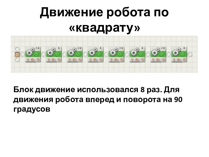 Движение робота по «квадрату» Блок движение использовался 8 раз. Для