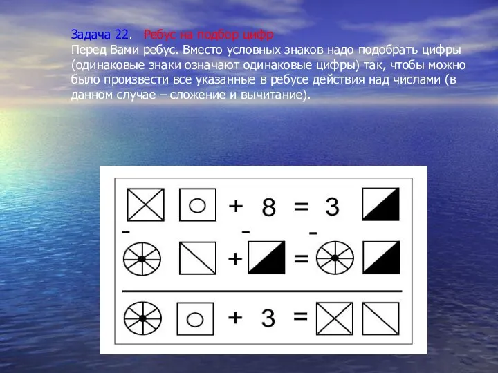 Задача 22. Ребус на подбор цифр Перед Вами ребус. Вместо