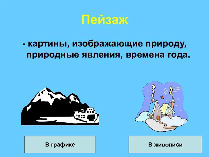 Пейзаж - картины, изображающие природу, природные явления, времена года. В графике В живописи