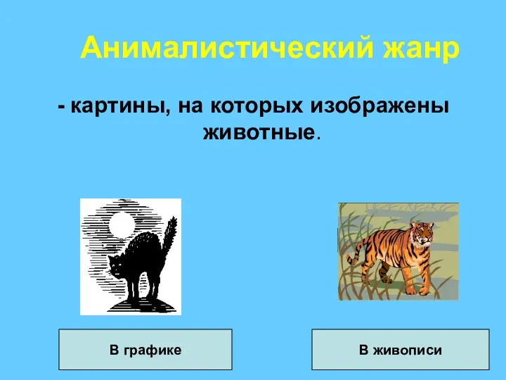 Анималистический жанр - картины, на которых изображены животные. В графике В живописи