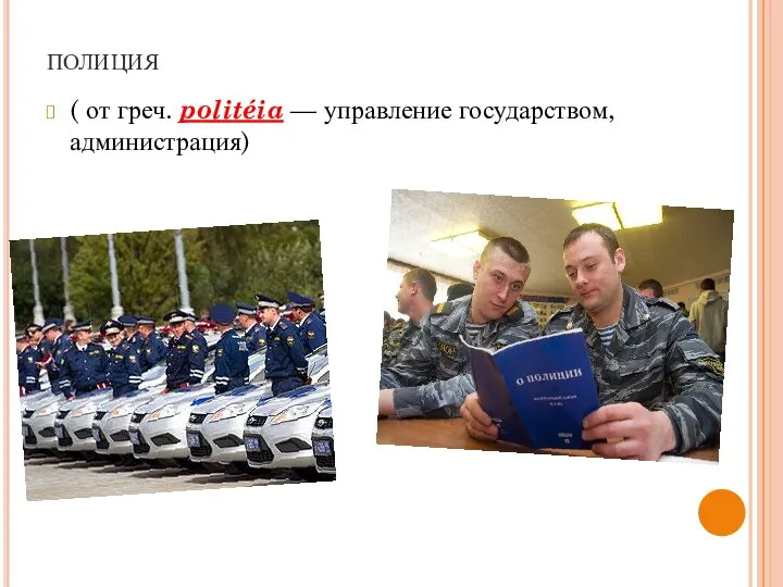 полиция ( от греч. politéia — управление государством, администрация)