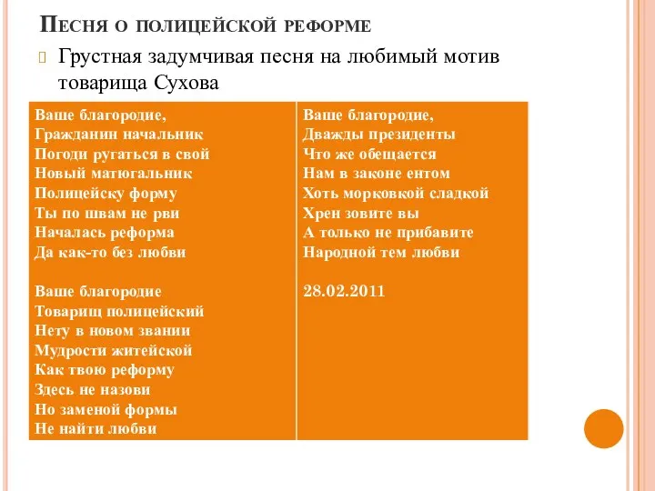 Песня о полицейской реформе Грустная задумчивая песня на любимый мотив товарища Сухова