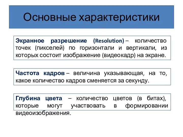 Основные характеристики Экранное разрешение (Resolution) – количество точек (пикселей) по