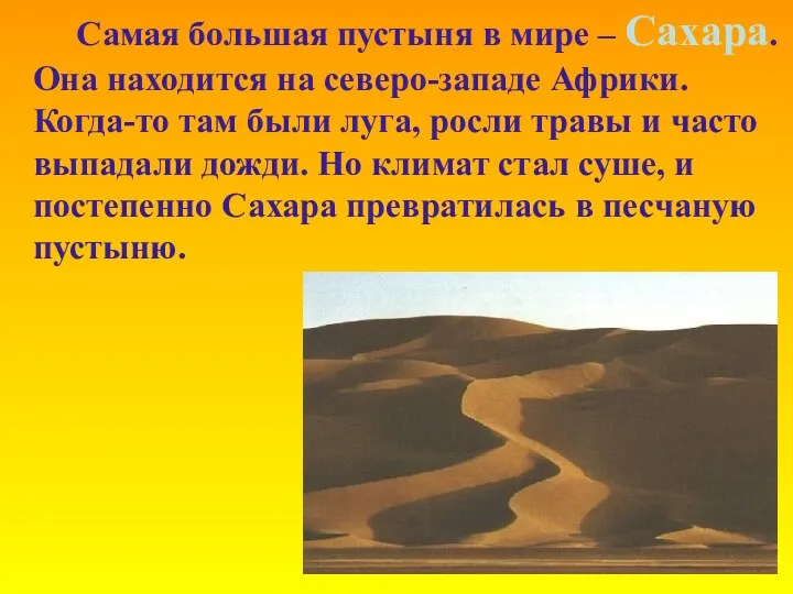 Самая большая пустыня в мире – Сахара. Она находится на