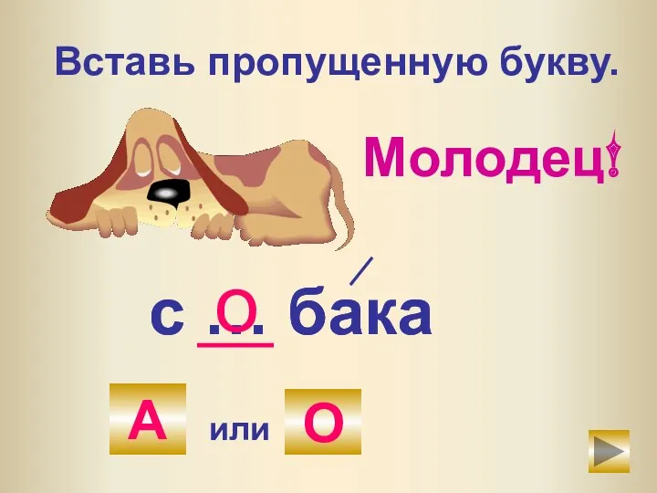 Вставь пропущенную букву. с … бака А или О с … бака о Молодец! А