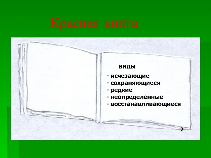 Красная книга - исчезающие - сохраняющиеся - редкие - неопределенные - восстанавливающиеся 2 ВИДЫ