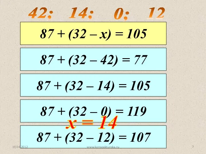 42; 0; 14; 12 87 + (32 – 14) = 105 87 +