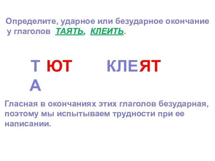 Определите, ударное или безударное окончание у глаголов ТАЯТЬ, КЛЕИТЬ. ТА ЮТ КЛЕ ЯТ