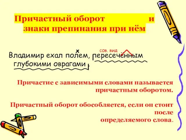 Владимир ехал полем, пересечённым глубокими оврагами . сов. вид Причастный