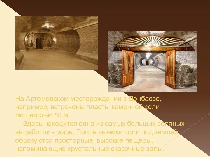 На Артемовском месторождении в Донбассе, например, встречены пласты каменной соли мощностью 50 м.