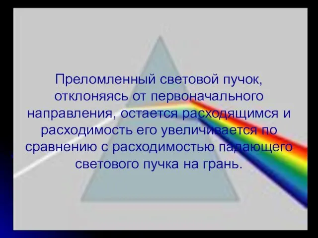 Преломленный световой пучок, отклоняясь от первоначального направления, остается расходящимся и