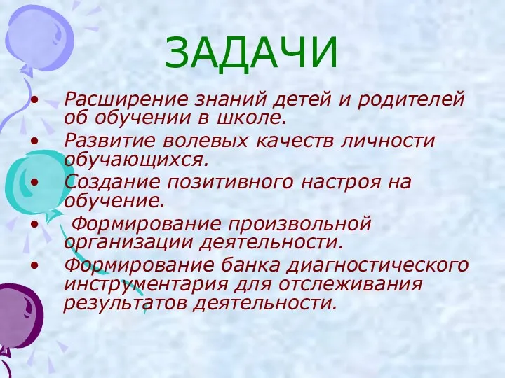 ЗАДАЧИ Расширение знаний детей и родителей об обучении в школе.