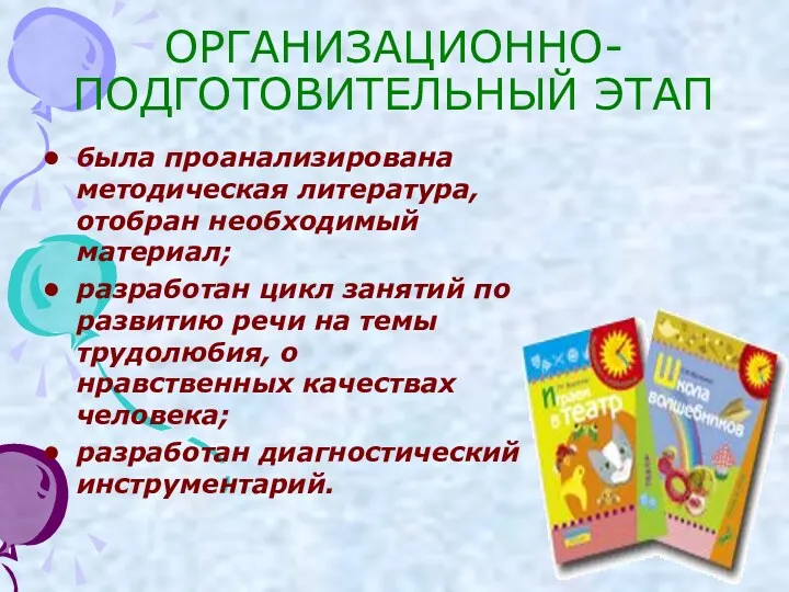 ОРГАНИЗАЦИОННО-ПОДГОТОВИТЕЛЬНЫЙ ЭТАП была проанализирована методическая литература, отобран необходимый материал; разработан