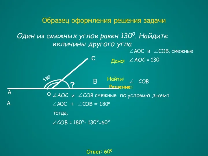 Образец оформления решения задачи Один из смежных углов равен 1300.